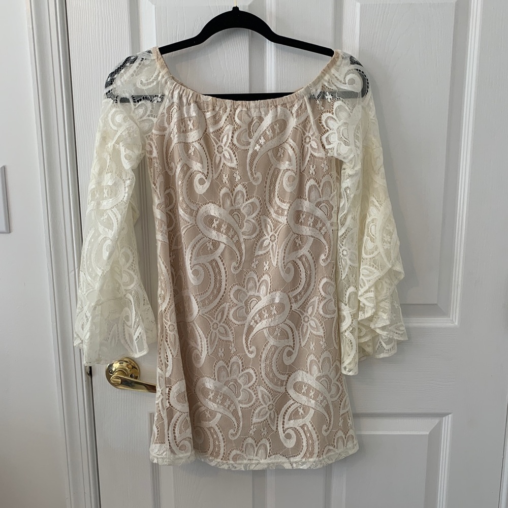 L’Atiste cream and nude boho lace mini dress bridal